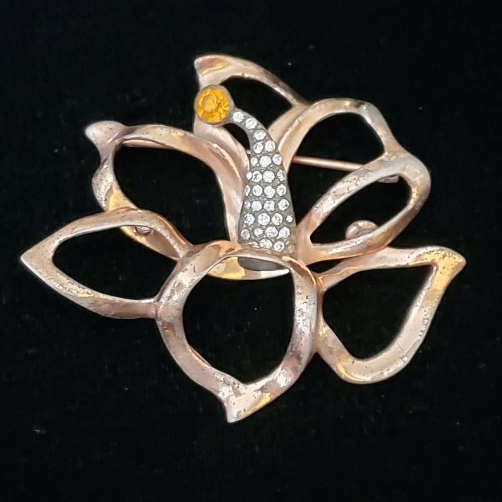Sterling Nettie Rosenstein Hibiscus Open Work Flower Brooch 1940s